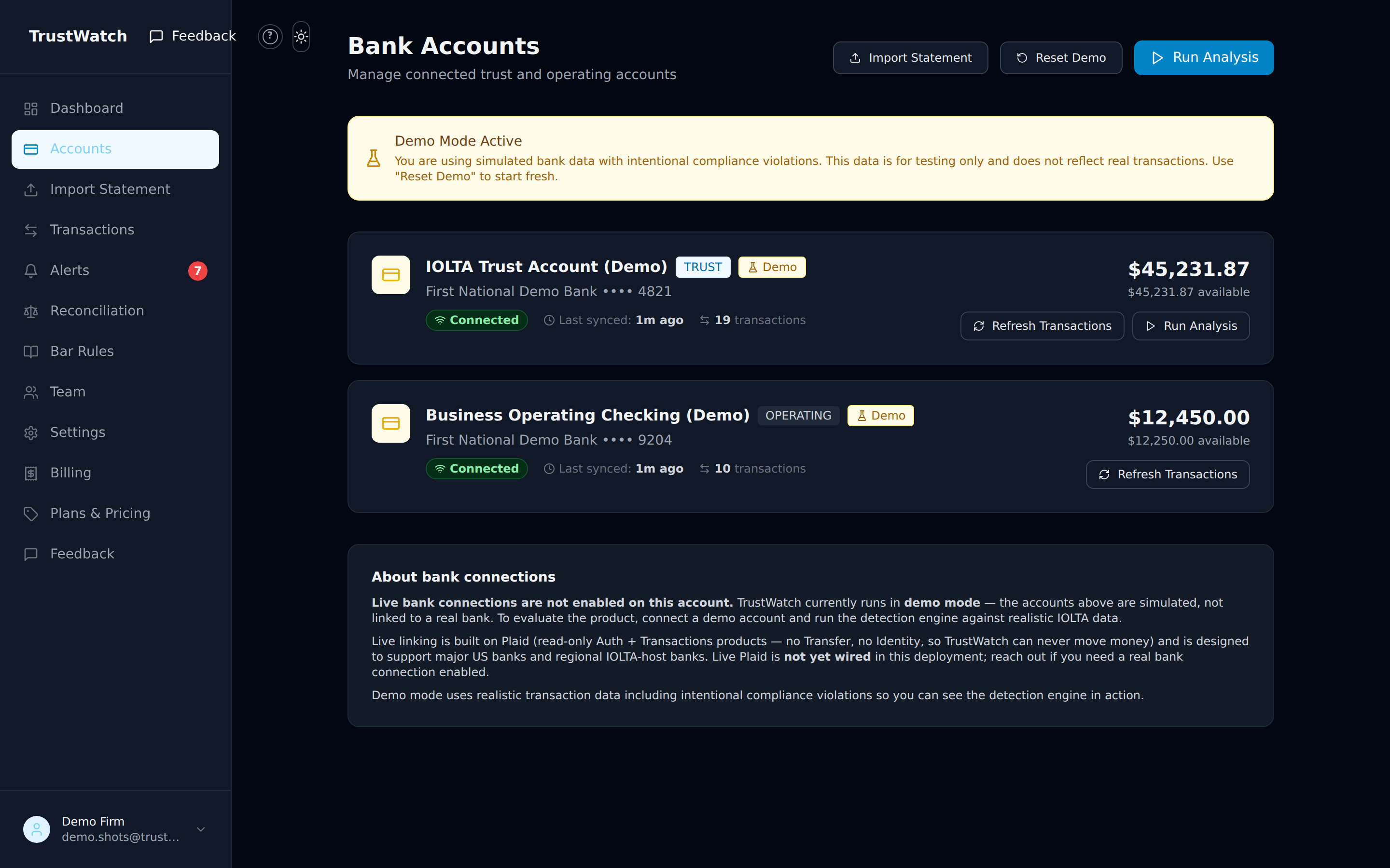 The Accounts page showing a demo trust and operating account with Import Statement and Run Analysis buttons