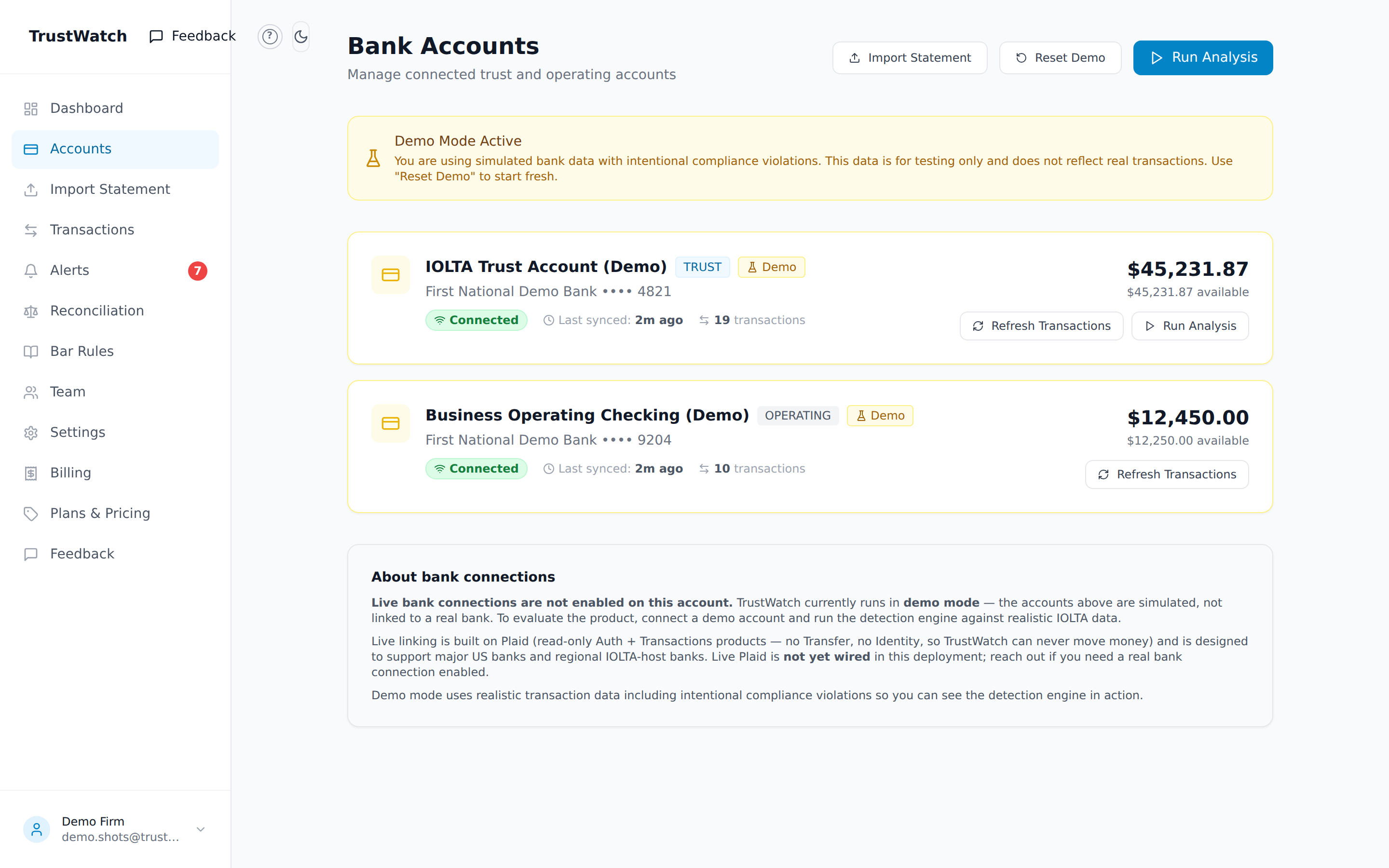 The Accounts page showing a demo trust and operating account with Import Statement and Run Analysis buttons