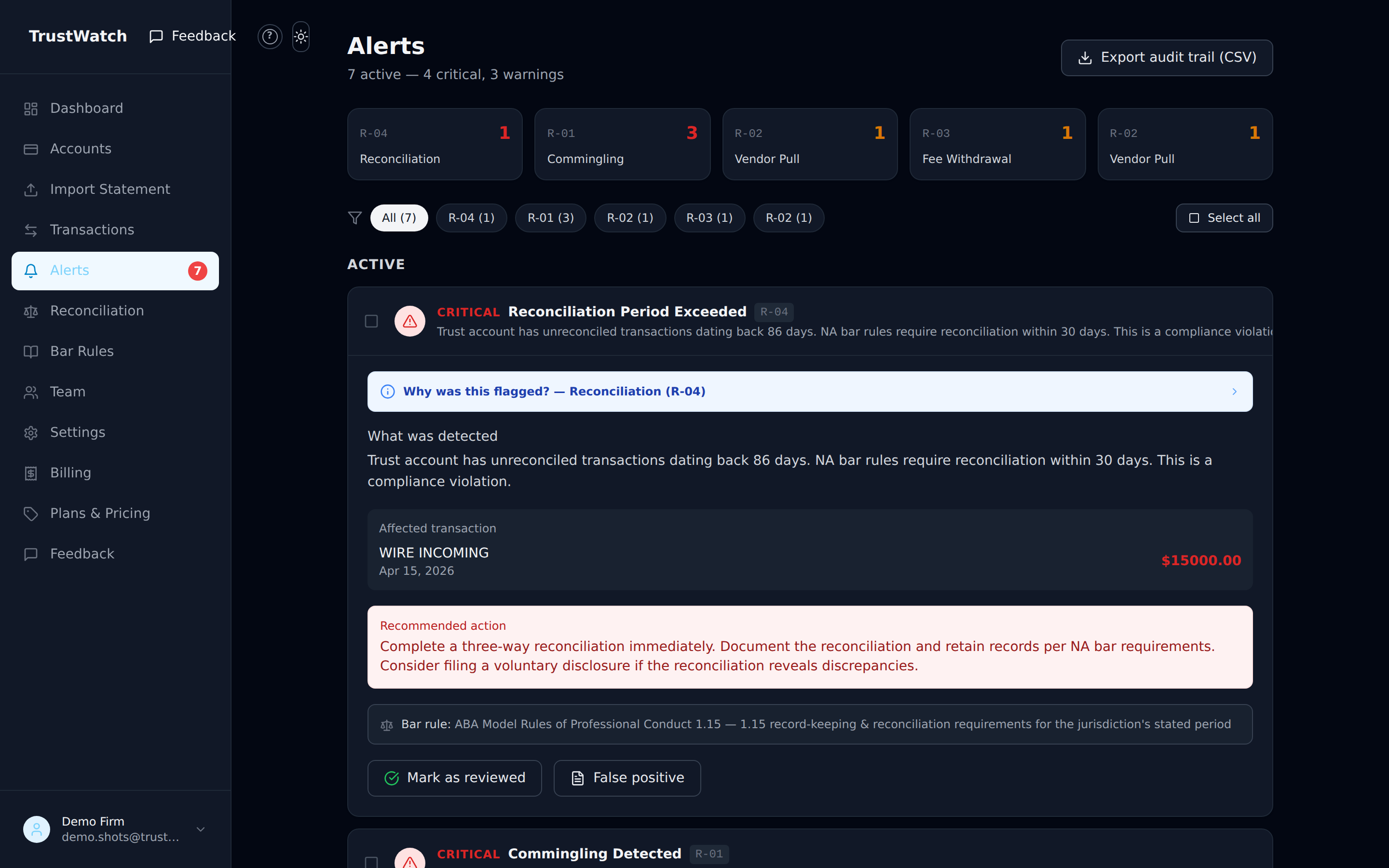 TrustWatch alerts list — each alert shows severity, the affected transaction, and its bar-rule citation
