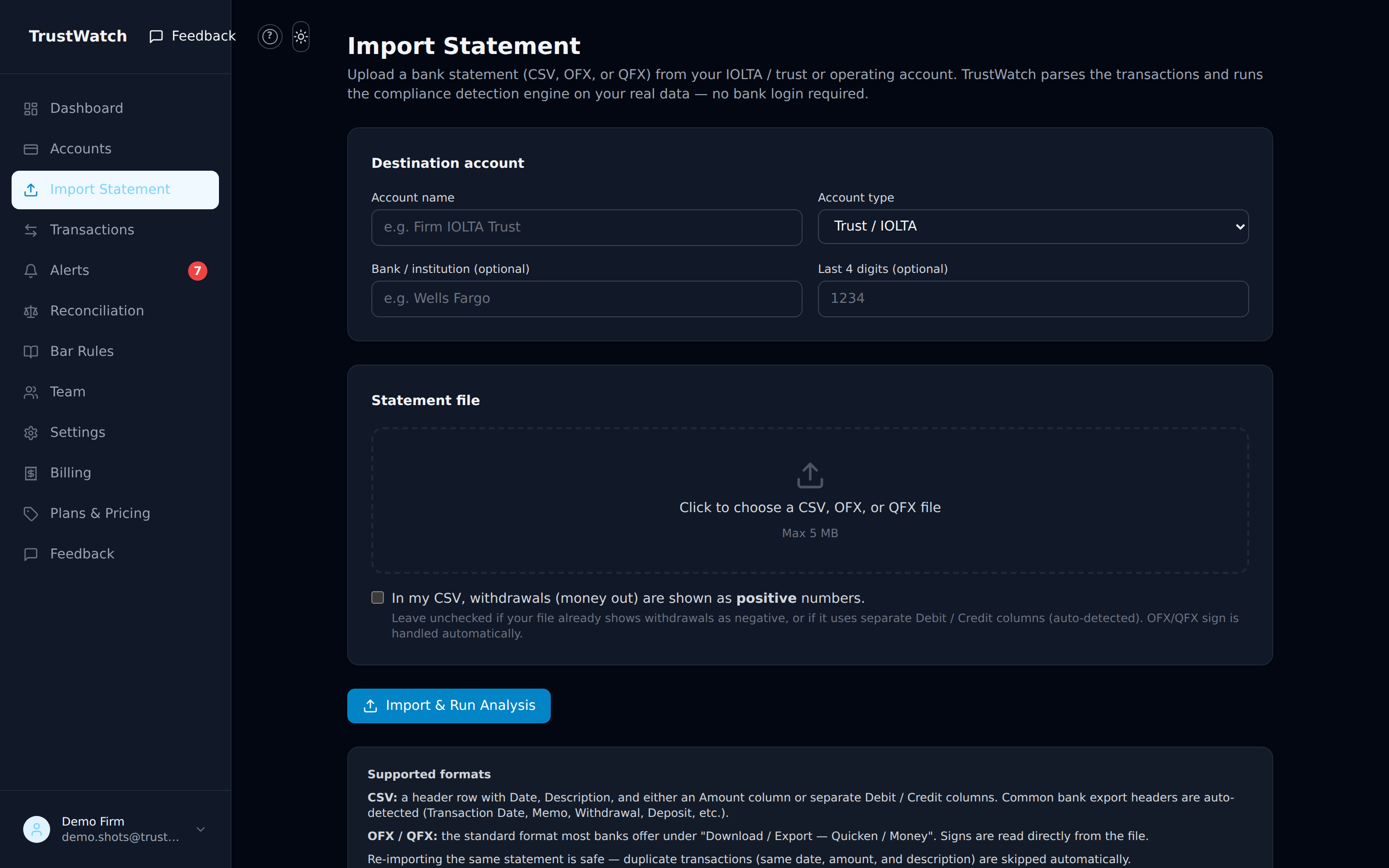 The Import Statement page — destination account, statement file picker, and supported formats