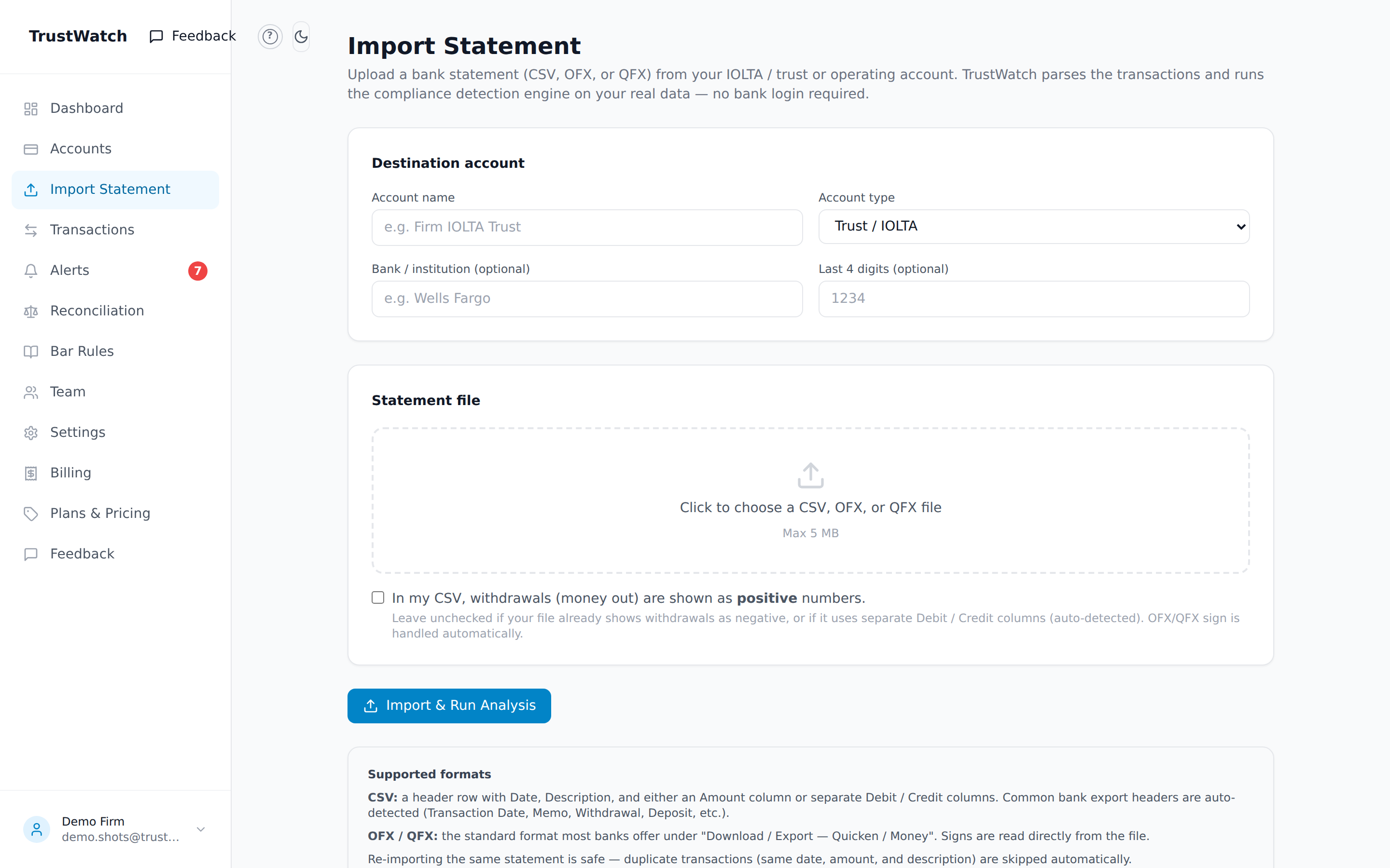 The Import Statement page — destination account, statement file picker, and supported formats